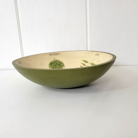 Hand Painted Folk Art Dough Bowl with Herbs - Picture 3 of 4